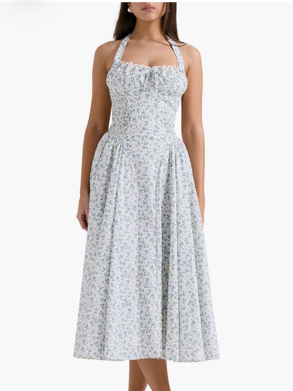 HOUSE OF CB Adabella Floral Pleated Halter Sundress in print cottage blue (S)